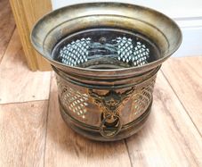 Brass Planter Pot Vintage Lion Rings Handcrafted Antique Metal Jardiniere Collectable Retro