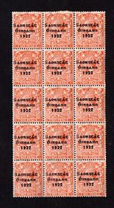 1922 Ireland 2d Orange 3-line Overprinted Stamp (Die II) by Thom in black Block of 15 Mint Never Hinged (MNH)
