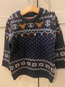 Navy christmas jumper with reindeer & fairy lights 3-4 years