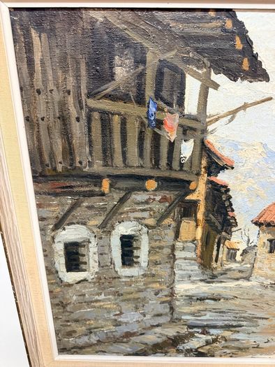 Vintage Oil Painting on Canvas , Rustic Village Street Scene, Signed