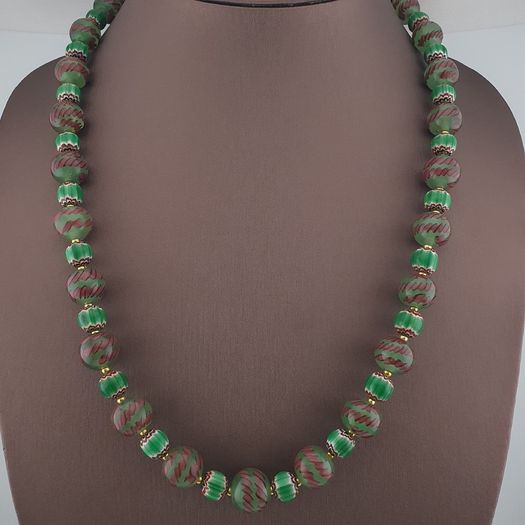 Antique Venetian Style Stripe & Chevron Glass Beads Necklace
