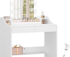 90cm Dressing Table with LED Lighting, Adjustable Brightness, Dressing Table with Mirror, with 2 Drawers and 2 Open Compartments, Modern, White
