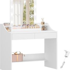 90cm Dressing Table with LED Lighting, Adjustable Brightness, Dressing Table with Mirror, with 2 Drawers and 2 Open Compartments, Modern, White