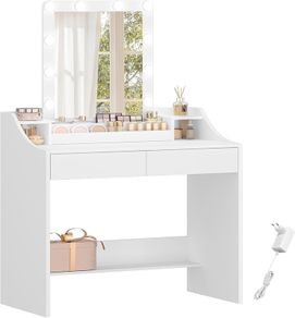 90cm Dressing Table with LED Lighting, Adjustable Brightness, Dressing Table with Mirror, with 2 Drawers and 2 Open Compartments, Modern, White