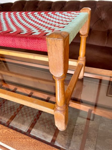 Rare Vintage Long Sugan Style Ottoman Stool Bench Woven with Red Green Cotton Rope
