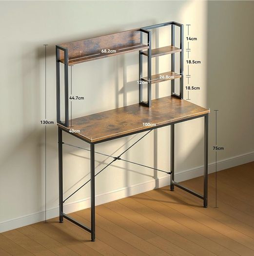 Small Desk 100 x 40 cm, Office Desk with Shelves, Vintage Brown Computer Desk with Multi-Tier Storage Bookshelf, Study Desk for Working, Writing, Makeup, Easy Assembly, for Small Spaces