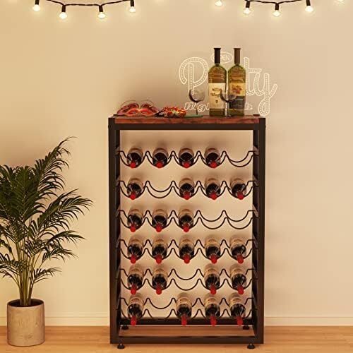 Dripex 30 Bottles Wine Rack Free Standing Floor, 6-Tier Display Wine Storage Shelves with Wooden Table Top, Sturdy Metal Bottle Holder for Kitchen Bar Pantry