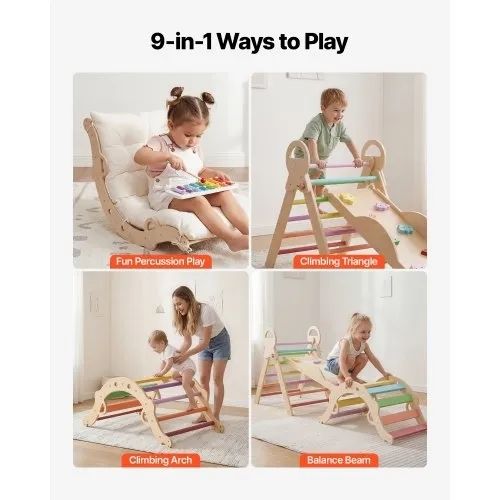Pikler Triangle Set, 9-in-1 Toddler Climbing Toys Indoor, with Xylophone, Cushion, Triangle, Arch, and Ramp, 68 kg Load, Foldable Montessori Climbing Set for Toddlers and Kids, Rainbow