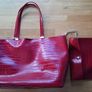 F&F Dark Red with Gold Crocodile-Style Print Embossed Shoulder Tote Handbag with Matching Pouch Image 2