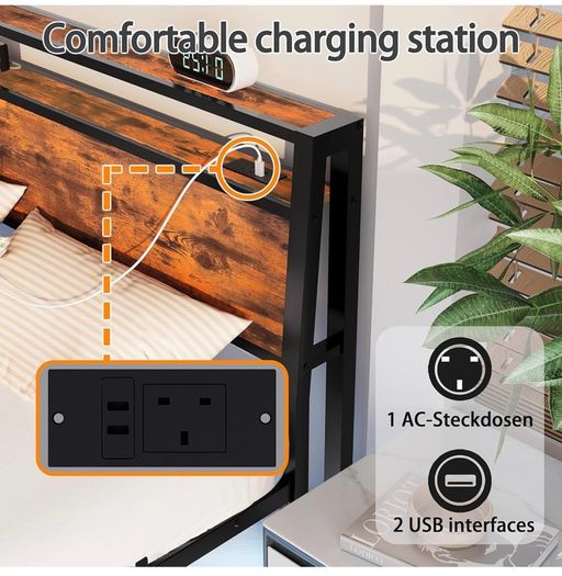 Floating Bed Frame King Size with Charging Station and LED Lights, Wood Headboard with Storage Shelves