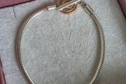 Pandora Moments Two-tone Logo 14k rose gold T-Bar snake chain bracelet  with circular logo toggle clasp size (18.5cm)