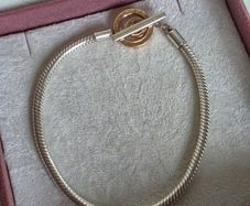 Pandora Moments Two-tone Logo 14k rose gold T-Bar snake chain bracelet  with circular logo toggle clasp size (18.5cm)
