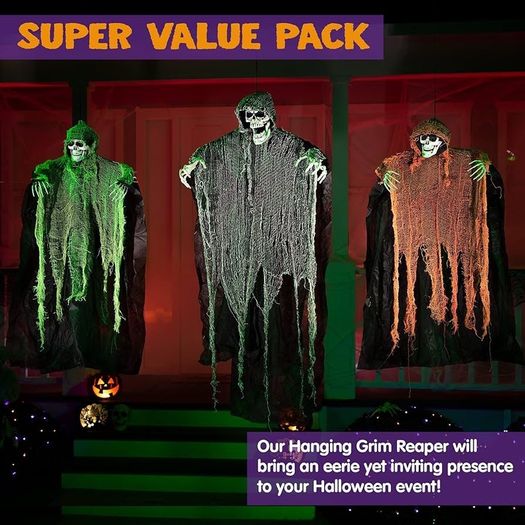 Halloween Hanging Grim Reapers 3 Pack One 47inch and Two 35inch Halloween Grim Reapers, Halloween Skeleton Flying Ghost for Haunted House Prop decor, Halloween Outdoor Indoor Decor