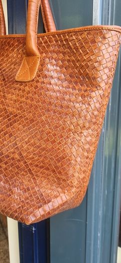 brown leather woven shoulder bag