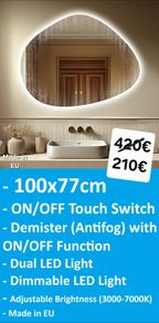 LED Bathroom Mirror Dual LED Antifog Demister Bright Light Backlit ON/OFF Touch Switch
