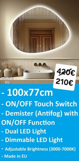 LED Bathroom Mirror Dual LED Antifog Demister Bright Light Backlit ON/OFF Touch Switch