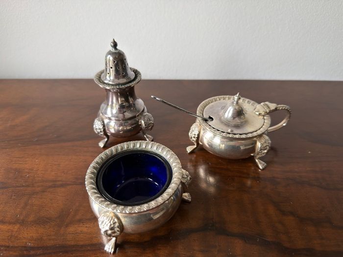 Vintage 3-Piece Cruet Set with Cobalt Blue Glass