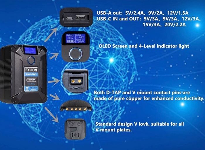 Multiple v-mount -nano two/one/atto -fxlion-14.8 6.8Ah USB d-tap