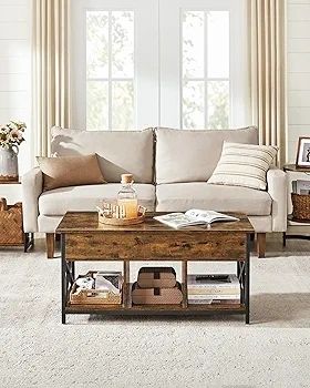 Living Room Table with Lift Top, Coffee Table, Hidden Compartment and Open Compartments, Steel Frame, 50 x 100 x (46.5-62) cm, Vintage Brown and Black