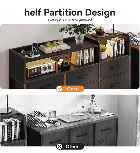 Black Chest of Drawers Bedroom, 9 Fabric Drawers, 130 x 30 x 97cm