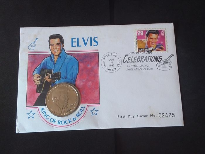 Vintage 1993 Elvis Presley 5 Dollar Coin and Stamp Commemorative First Day Cover (PNC)