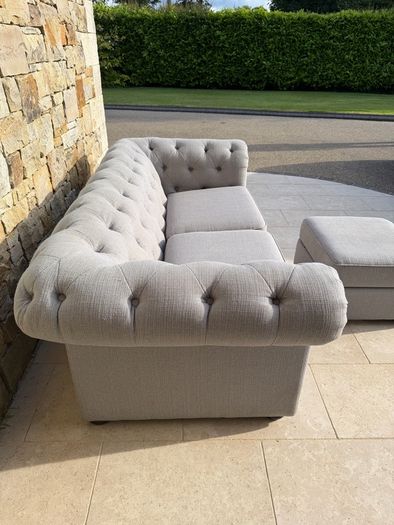 Beautiful grey chesterfield sofa & storage pouffe