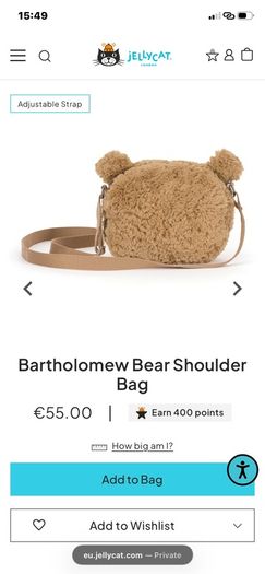 New JELLYCAT Bartholomew Bear Shoulder Bag