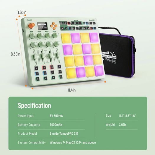 Synido TempoPAD C16 Wireless MIDI Controller Bluetooth Beat Maker MIDI 16-Pad