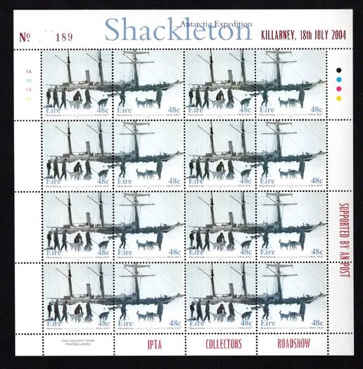 2004 Ireland IPTA Roadshow Killarney 18th July 2004 Commemorative Stamps Exhibition Souvenir on 2004 48c Shackleton Sheet Mint Never Hinged Number 189
