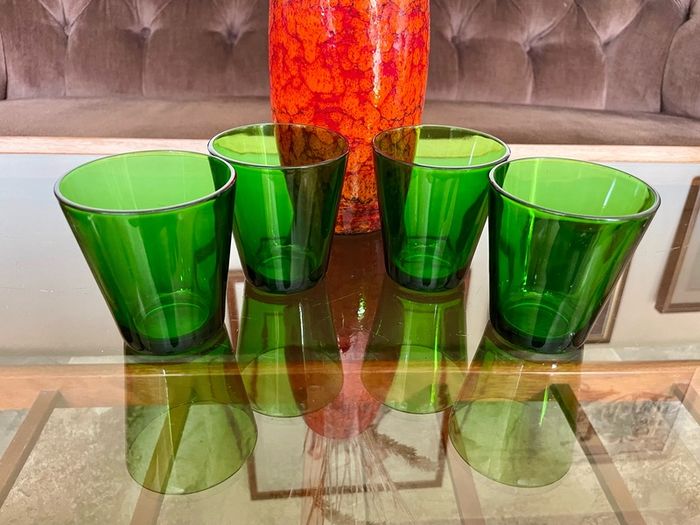 Set 4 Vintage Vereco France Small Forest Green Juice Glasses Tumblers MCM