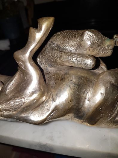 "Bull & Bear" Silvered Bronze Sculpture on Marble Base."Sert Foundry,Barcelona".