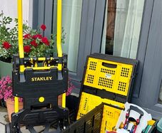 Stanley 2 in 1 Trolley - Hand Lift - Work Cart + 4 Stanley Matching Folding Boxes + Multiple Bungee Cords with Hooks from Amazon