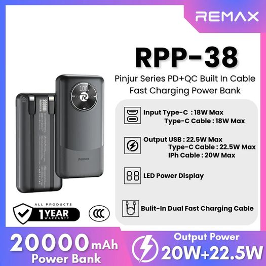REMAX RPP-38 20W+22.5W Built-in Dual Fast Charging Cables Power Bank 20000mAh