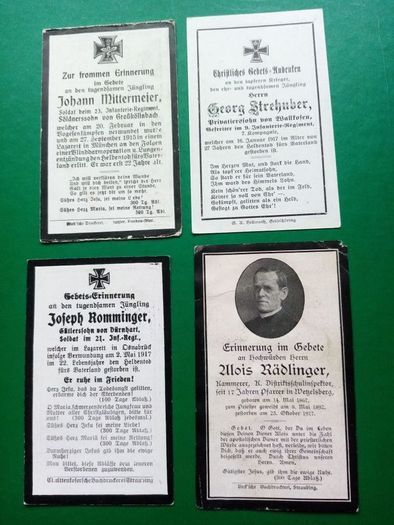 Lot of 4 Original WWI German Death Cards (Sterbebilder) 1915-1917 - Infantry & Priest