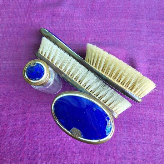 Vintage Glass & Cornflower Blue Enamel vanity set.