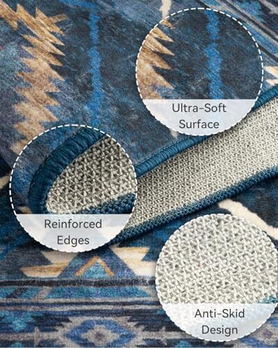 Machine Washable Large Rugs Living Room, 180x270 cm Non-Slip Area Rugs, Short Pile Blue Rug for Bedroom, Hallway, Bedroom, and Kitchen, Office, Blue