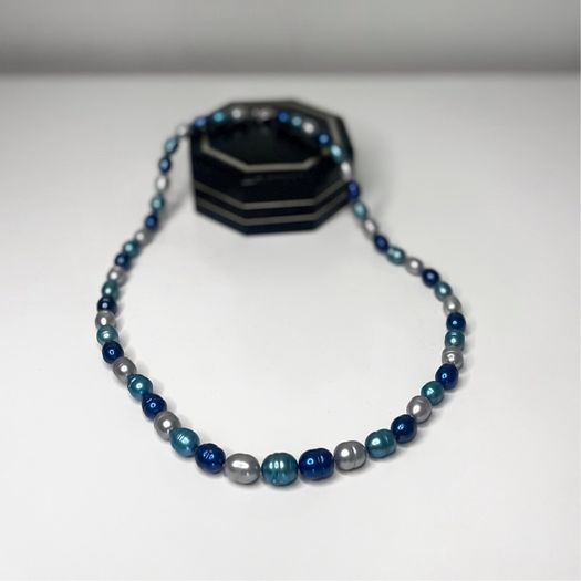 HONORA Blue and White Graduated Freshwater Pearl Necklace with Solid Sterling Silver Clasp