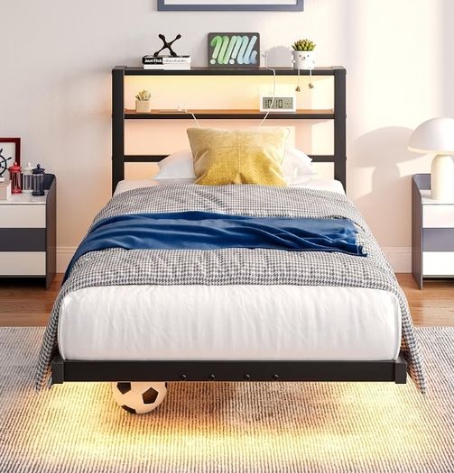 Single Floating Metal Bed Frame with LED Lights Storage Shelf Walnut Floating Metal Platform Bed With USB Charging Station Heavy Duty Noise Free Slats No Box Spring Needed For Bedroom