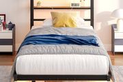 Single Floating Metal Bed Frame with LED Lights Storage Shelf Walnut Floating Metal Platform Bed With USB Charging Station Heavy Duty Noise Free Slats No Box Spring Needed For Bedroom