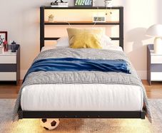 Single Floating Metal Bed Frame with LED Lights Storage Shelf Walnut Floating Metal Platform Bed With USB Charging Station Heavy Duty Noise Free Slats No Box Spring Needed For Bedroom