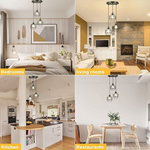 Pendant Light Hanging Lamp Fixture - 3-Light Vintage Hanging Ceiling Light Fixtures Black Metal Industrial Pendant Lighting Shade for Farmhouse Kitchen Dining Room (FREE POSTAGE)