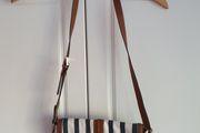 J Crew navy and white canvas with tan leather bag