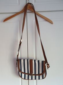 J Crew navy and white canvas with tan leather bag