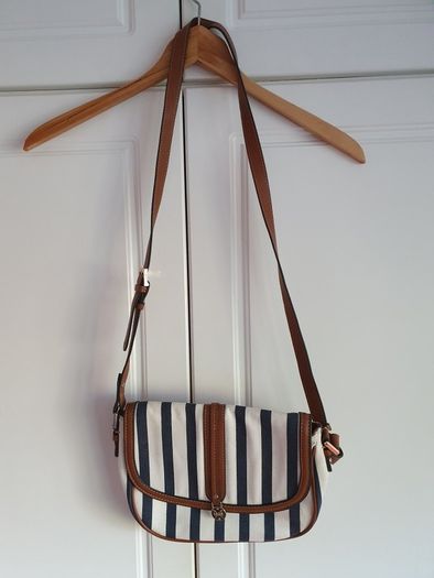 J Crew navy and white canvas with tan leather bag