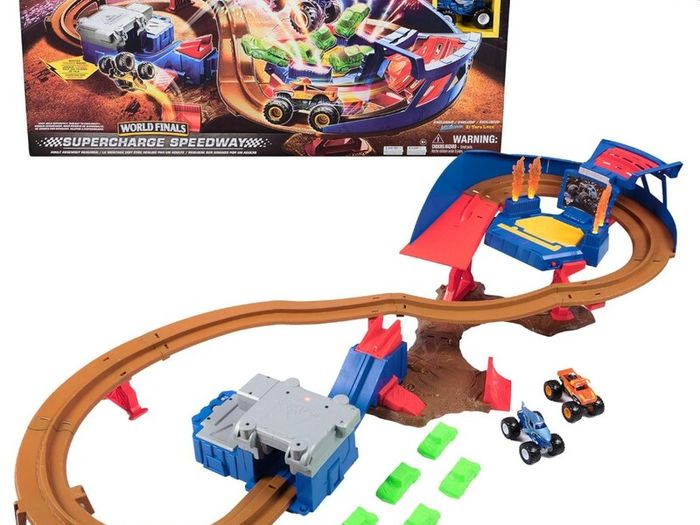 Supercharge Speedway Playset + 2 Monster Jam Trucks (Megalodon and El Toro Loco 1:64 Scale Die-Cast Monster Trucks) Kids Toys