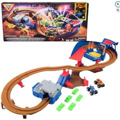 Supercharge Speedway Playset + 2 Monster Jam Trucks (Megalodon and El Toro Loco 1:64 Scale Die-Cast Monster Trucks) Kids Toys