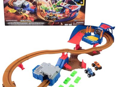 Supercharge Speedway Playset + 2 Monster Jam Trucks (Megalodon and El Toro Loco 1:64 Scale Die-Cast Monster Trucks) Kids Toys