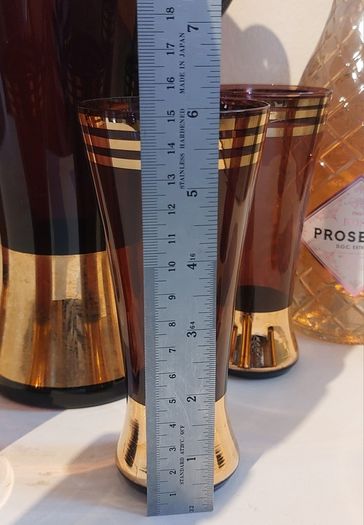 Fabulous Vintage Retro Mid-Century-Modern Hand Blown Tall Glass Pitcher with Four Matching Hi-Ball Glasses in Purple/Amethyst Glass with Rose Gold Gilt Banding - Prosecco Not Included!