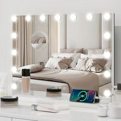 Hollywood Vanity Mirror with Lights, 58x45cm Lighted Makeup Mirror with 15 Dimmable Led Bulbs, 3 Lighting Modes, Touch Screen Control