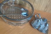 Vintage Silver Plate Rim Pressed Glass Bowl with silver-plated condiment set and matching spoons.